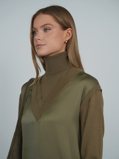 Point Mixed Satin Maxi Dress in Olive